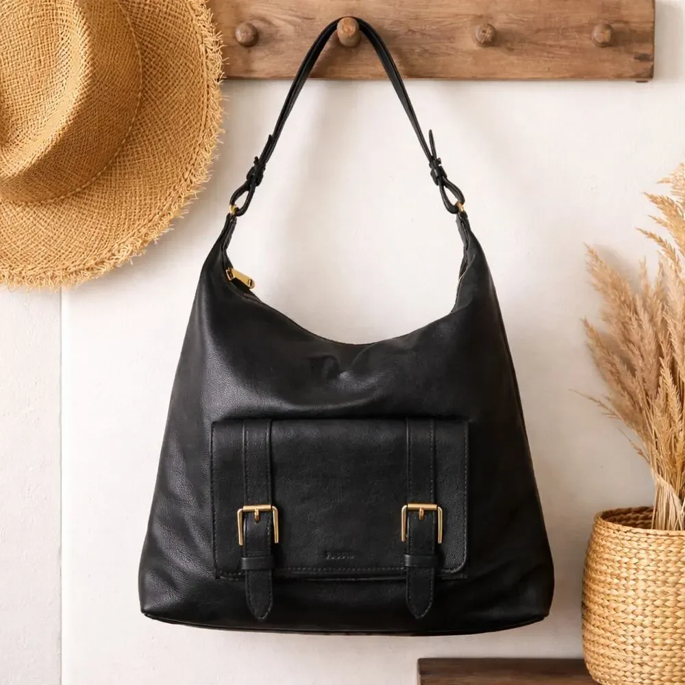 Fossil Cleo Large 1 Strap Hobo Shoulder Bag In Soft Black Leather Gold Hardware